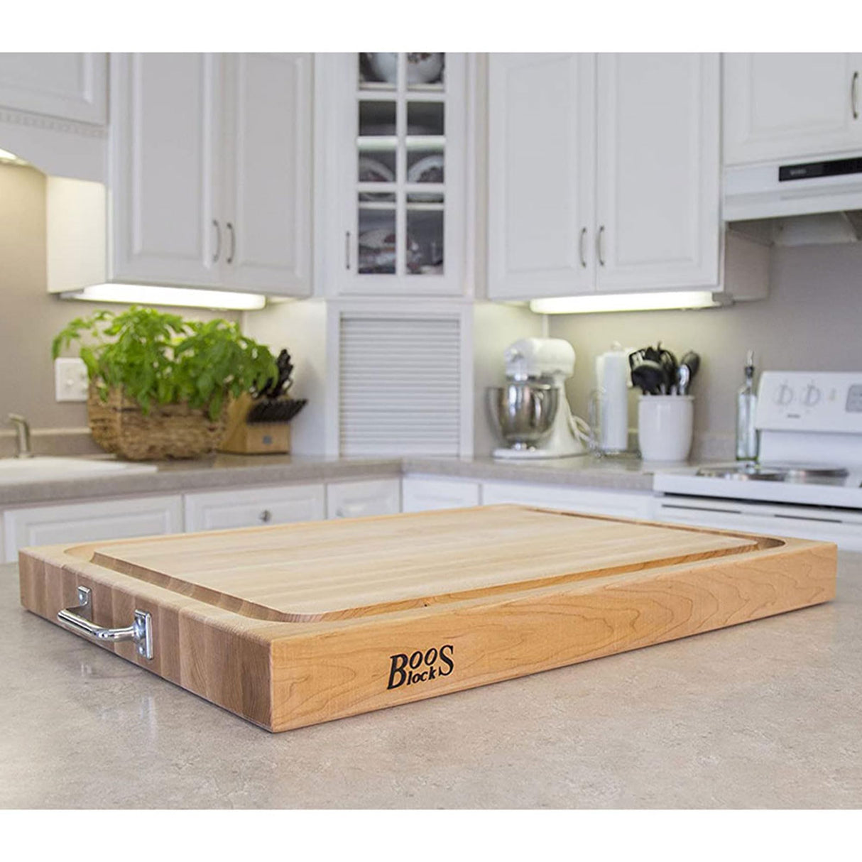 John Boos RAFR2418 Block 24 x 18 Inch Edge Grain Maple Wood Reversible Cutting Board with Fluid Channels & Side Handles 24X18X2.25 MPL-EDGE GR-REV-GRVY GRV