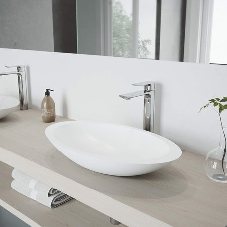 VIGO VGT1283 13.5" L -23.13" W -10.75" H Handmade Countertop Matte Stone Oval Vessel Bathroom Sink Set in Matte White Finish with Chrome Single-Handle Single Hole Faucet and Pop Up Drain