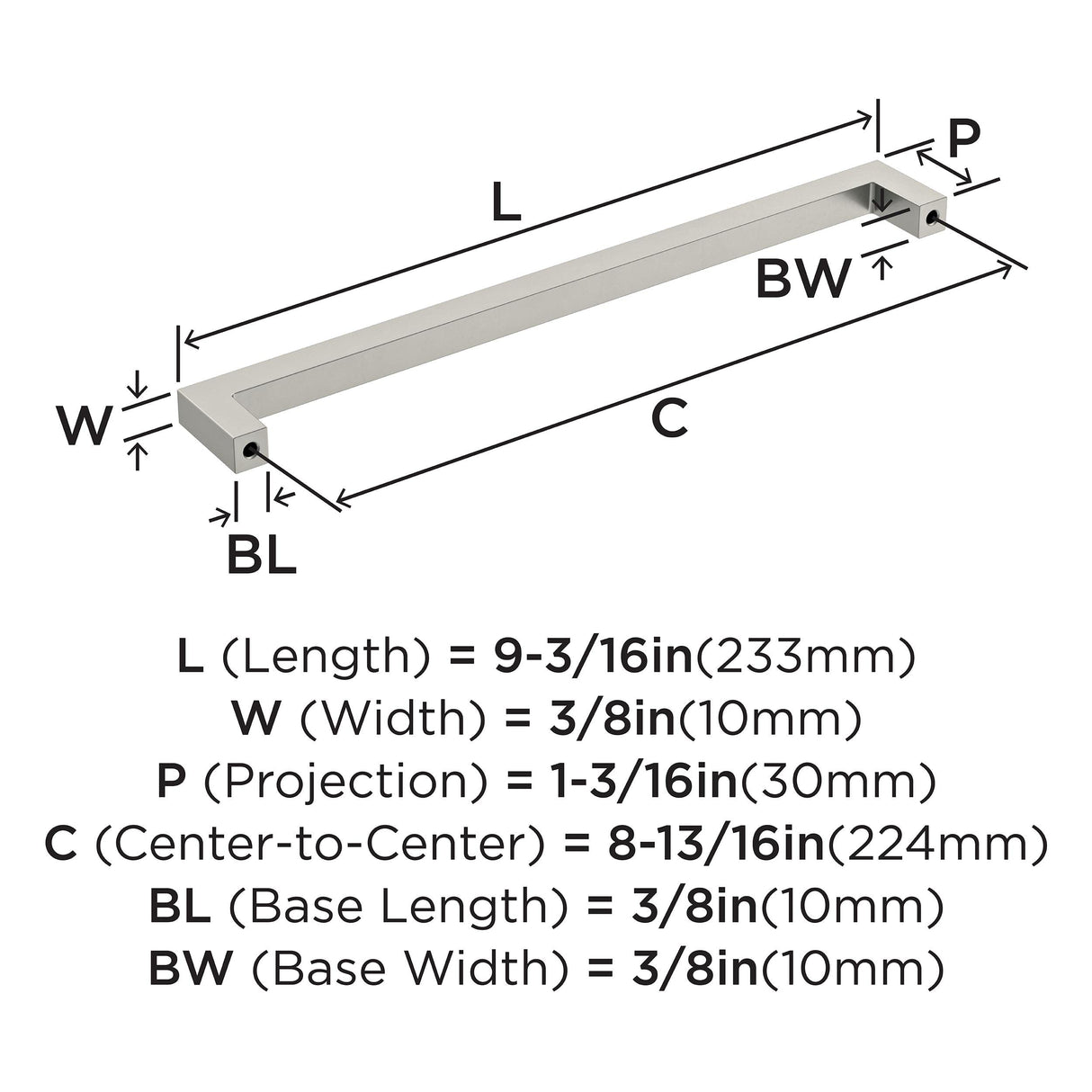 Amerock Cabinet Pull Satin Nickel 8-13/16 inch (224 mm) Center-to-Center Monument 1 Pack Drawer Pull Cabinet Handle Cabinet Hardware