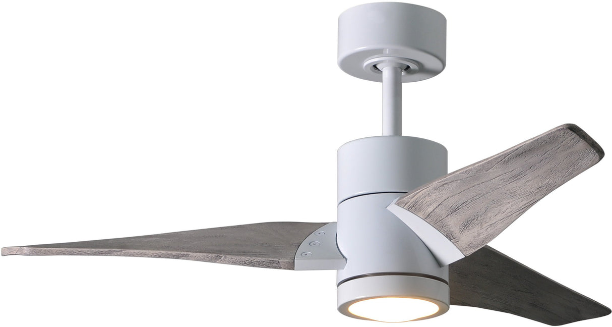 Matthews Fan SJ-WH-BW-42 Super Janet three-blade ceiling fan in Gloss White finish with 42” solid barn wood tone blades and dimmable LED light kit