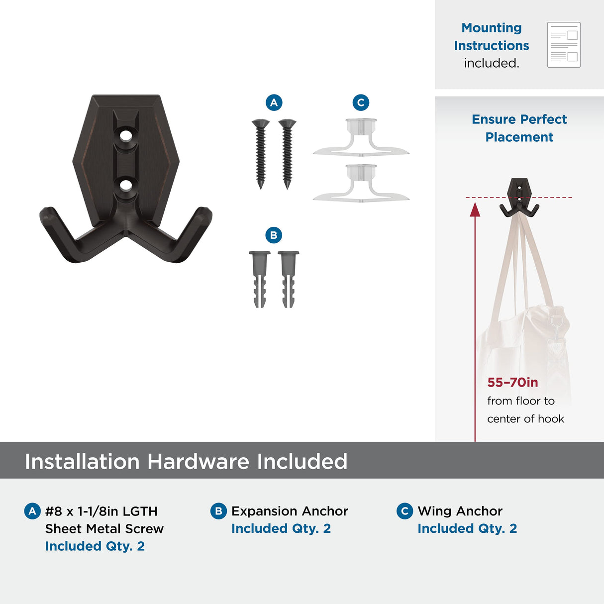 Amerock H37008ORB Benton Double Prong Decorative Wall Hook Oil Rubbed Bronze Hook for Coats, Hats, Backpacks, Bags Hooks for Bathroom, Bedroom, Closet, Entryway, Laundry Room, Office