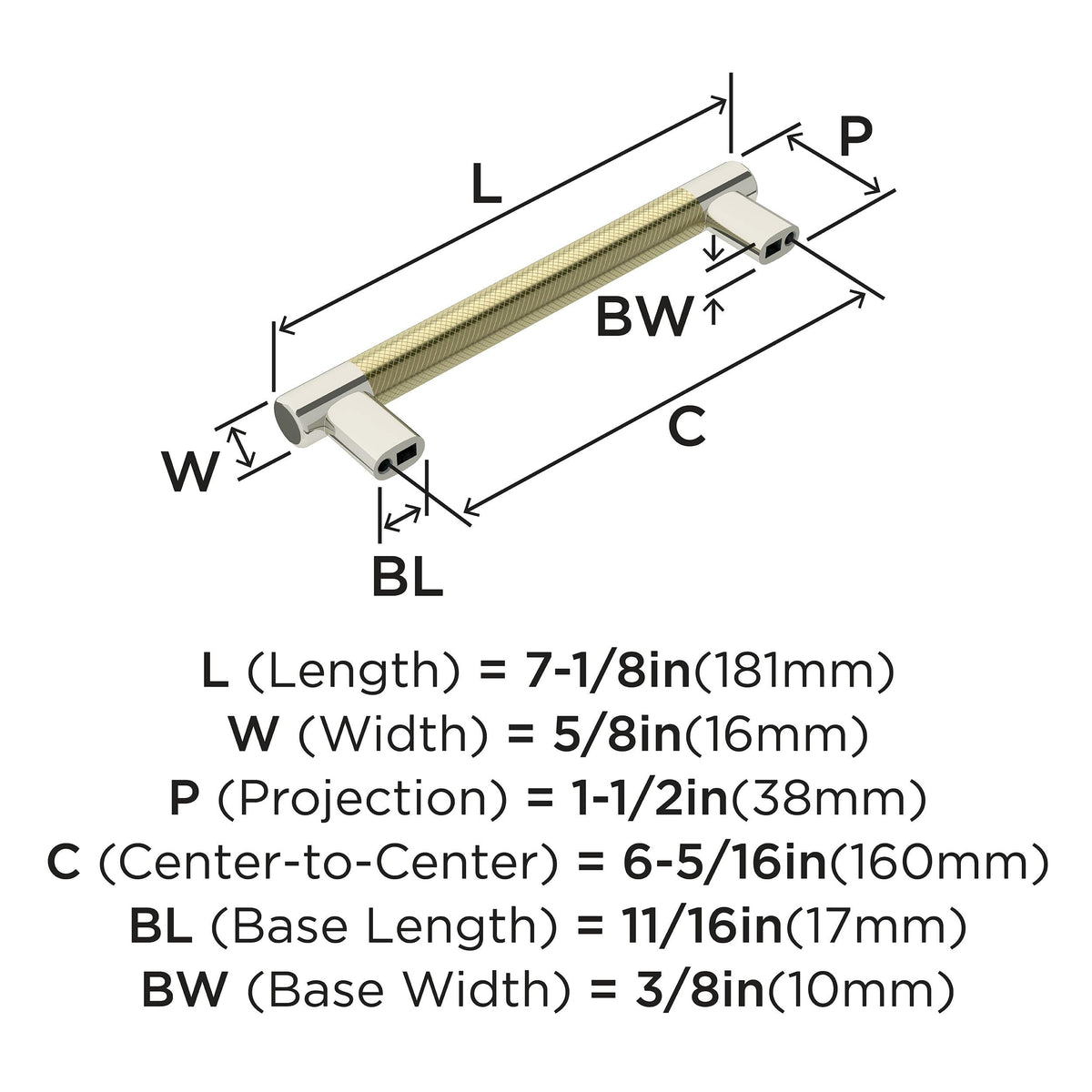 Amerock Cabinet Pull Polished Nickel/Golden Champagne 6-5/16 inch (160 mm) Center-to-Center Esquire 1 Pack Drawer Pull Drawer Handle Cabinet Hardware