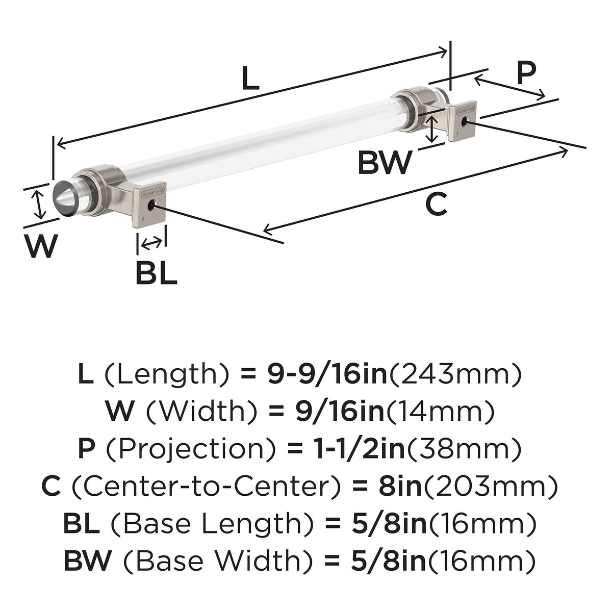 Amerock BP36661CG10 Clear/Satin Nickel Cabinet Pull 8 in (203 mm) Center-to-Center Cabinet Handle Glacio Drawer Pull Kitchen Cabinet Handle Furniture Hardware