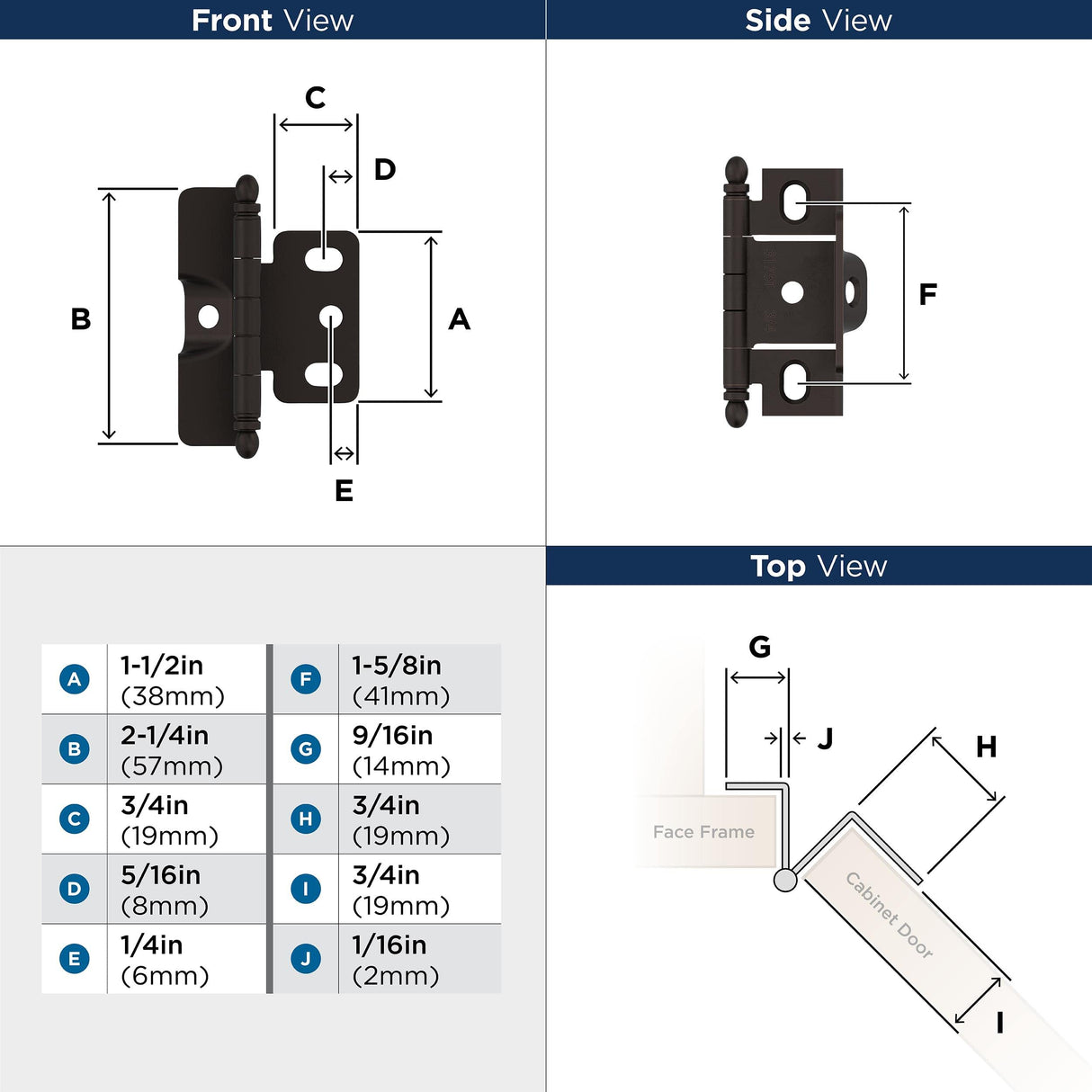 Amerock Cabinet Hinge 3/4 inch (19 mm) Door Thickness Hinge Oil Rubbed Bronze 1 Pack Non Self-Closing Hinge Full Wrap Hinge Cabinet Door Hinge