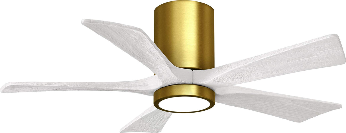 Matthews Fan IR5HLK-BRBR-MWH-42 IR5HLK five-blade flush mount paddle fan in Brushed Brass finish with 42” solid matte black wood blades and integrated LED light kit.