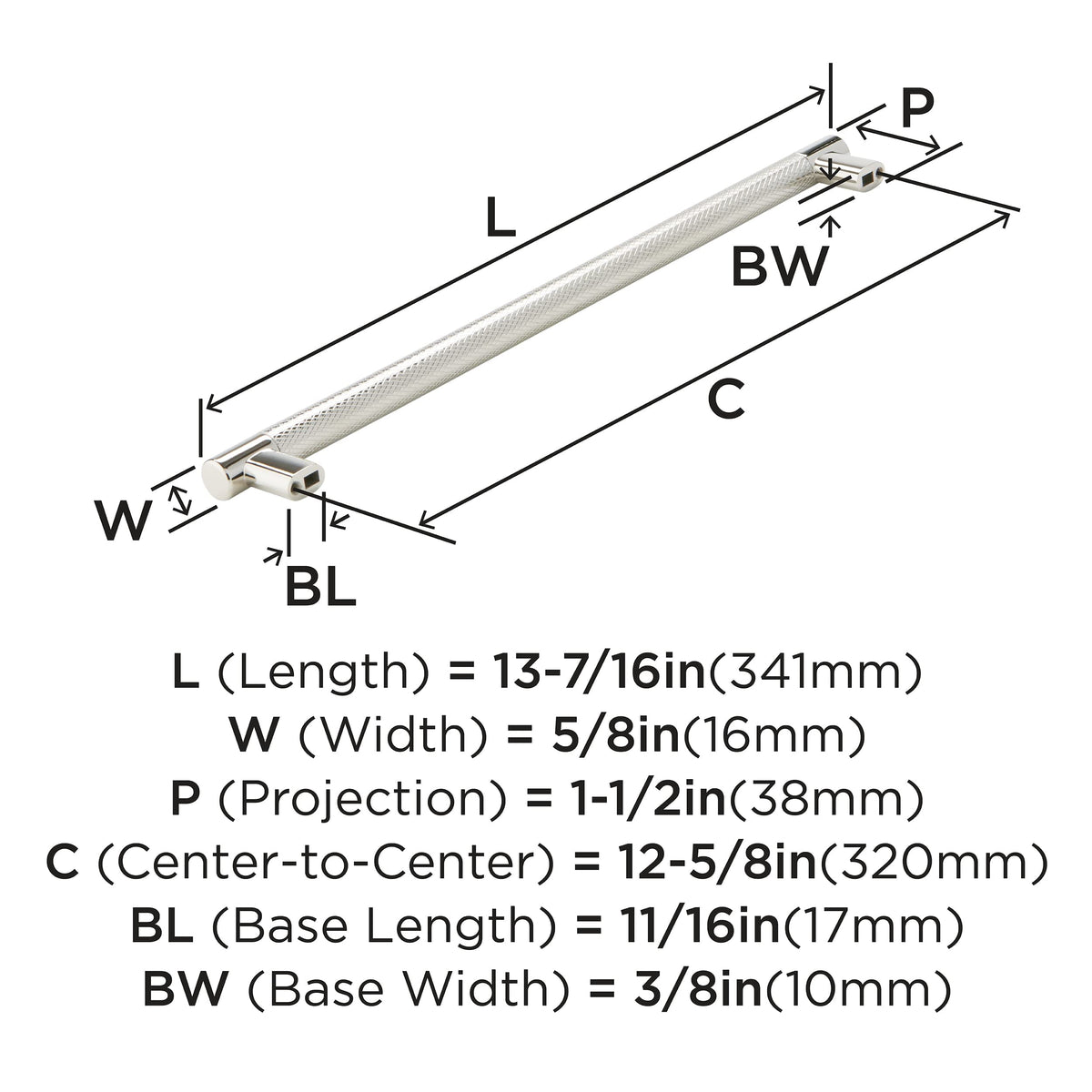 Amerock Kitchen Cabinet Pull Polished Nickel 12-5/8 in (320 mm) Center-to-Center Bronx 1 Pack Furniture Hardware Cabinet Handle Bathroom Drawer Pull