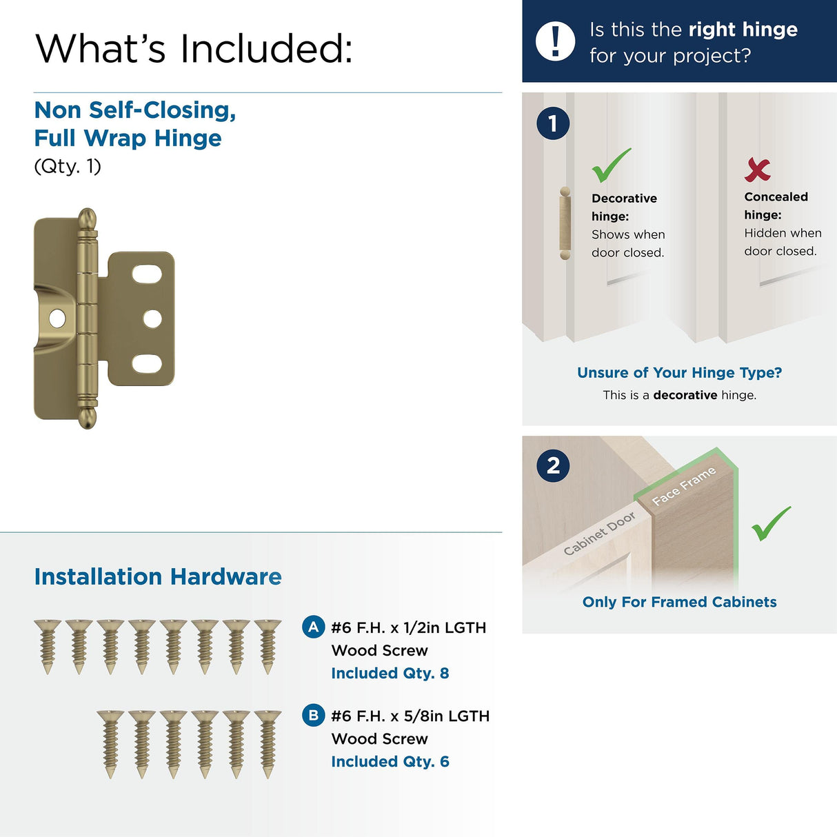 Amerock PK3175TBBBZ Cabinet Hinge 3/4 in. (19 mm) Door Thickness Full Inset Full Wrap Ball Tip Golden Champagne Kitchen Cabinet Door Hinge Single Hinge Functional Hardware