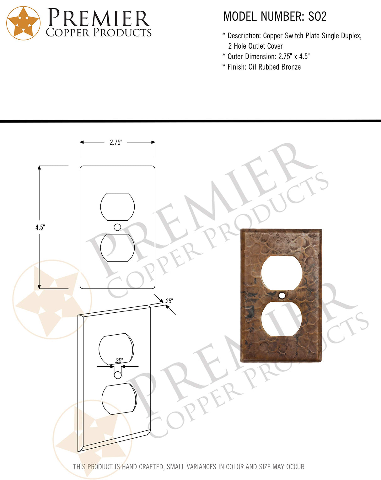 Premier Copper Products SO2 Copper Switch Plate Single Duplex with Two Hole Outlet Cover, Oil Rubbed Bronze