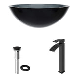 VIGO VGT459 16.5" L -16.5" W -12.0" H Sheer Handmade Countertop Glass Round Vessel Bathroom Sink Set in Sheer Black Finish with Matte Black Single-Handle Single Hole Faucet and Pop Up Drain
