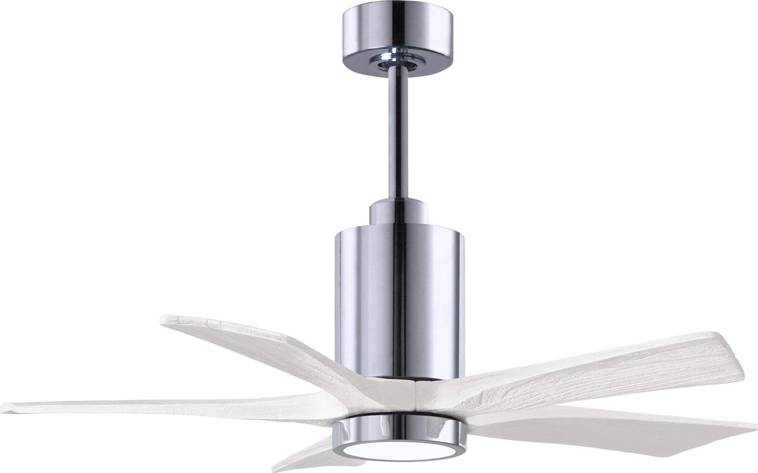 Matthews Fan PA5-CR-MWH-42 Patricia-5 five-blade ceiling fan in Polished Chrome finish with 42” solid matte white wood blades and dimmable LED light kit