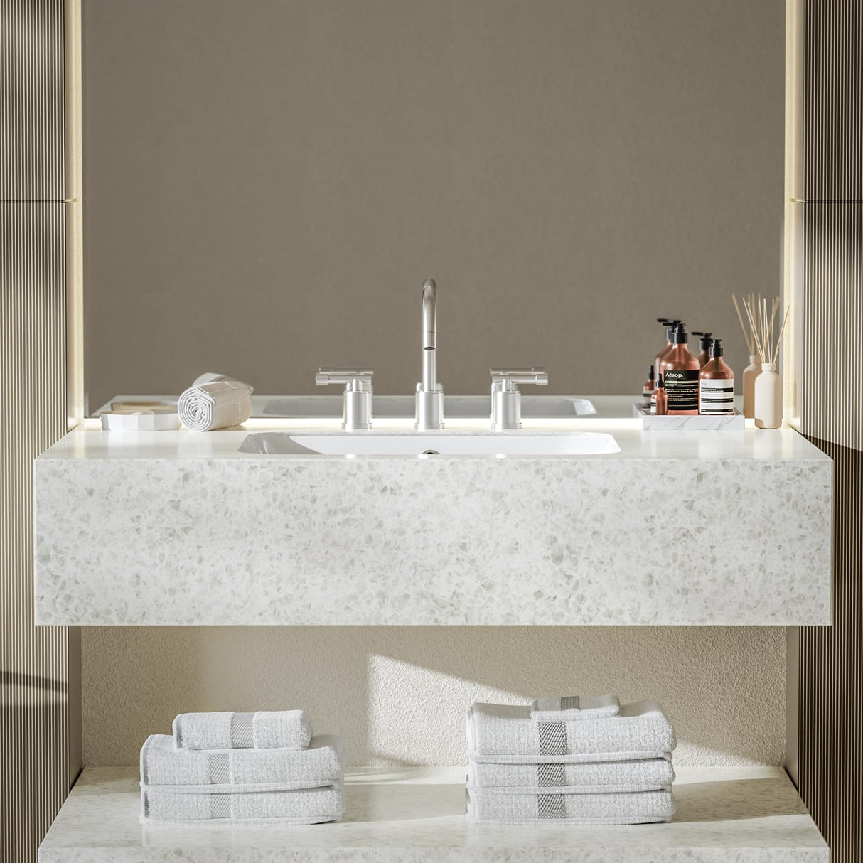 8-Inch Three-Hole Bathroom Faucet with Pull-Down Sprayer, Widespread Design, Metal Pop-Up Drain, Water Supply Lines, and Two Handles