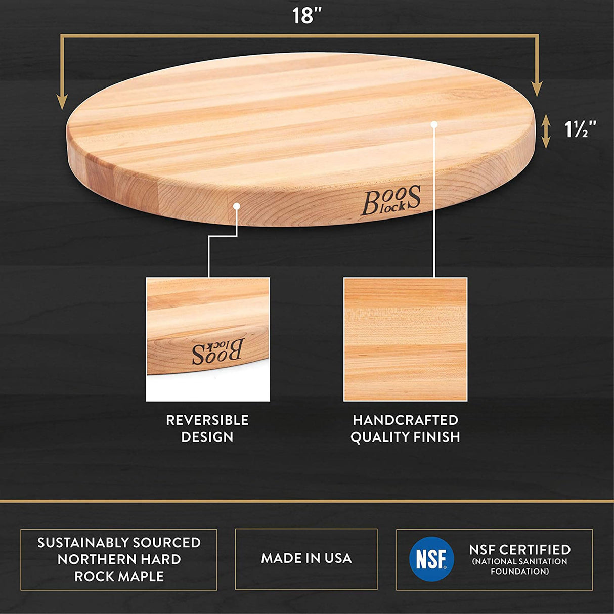 John Boos R18 Large Maple Wood Cutting Board for Kitchen Prep 18 Inches Diameter, 1.5 Thick Reversible End Grain Round Charcuterie Block 18DIAX1.5 MPL-EDGE GR-REV-BRANDED