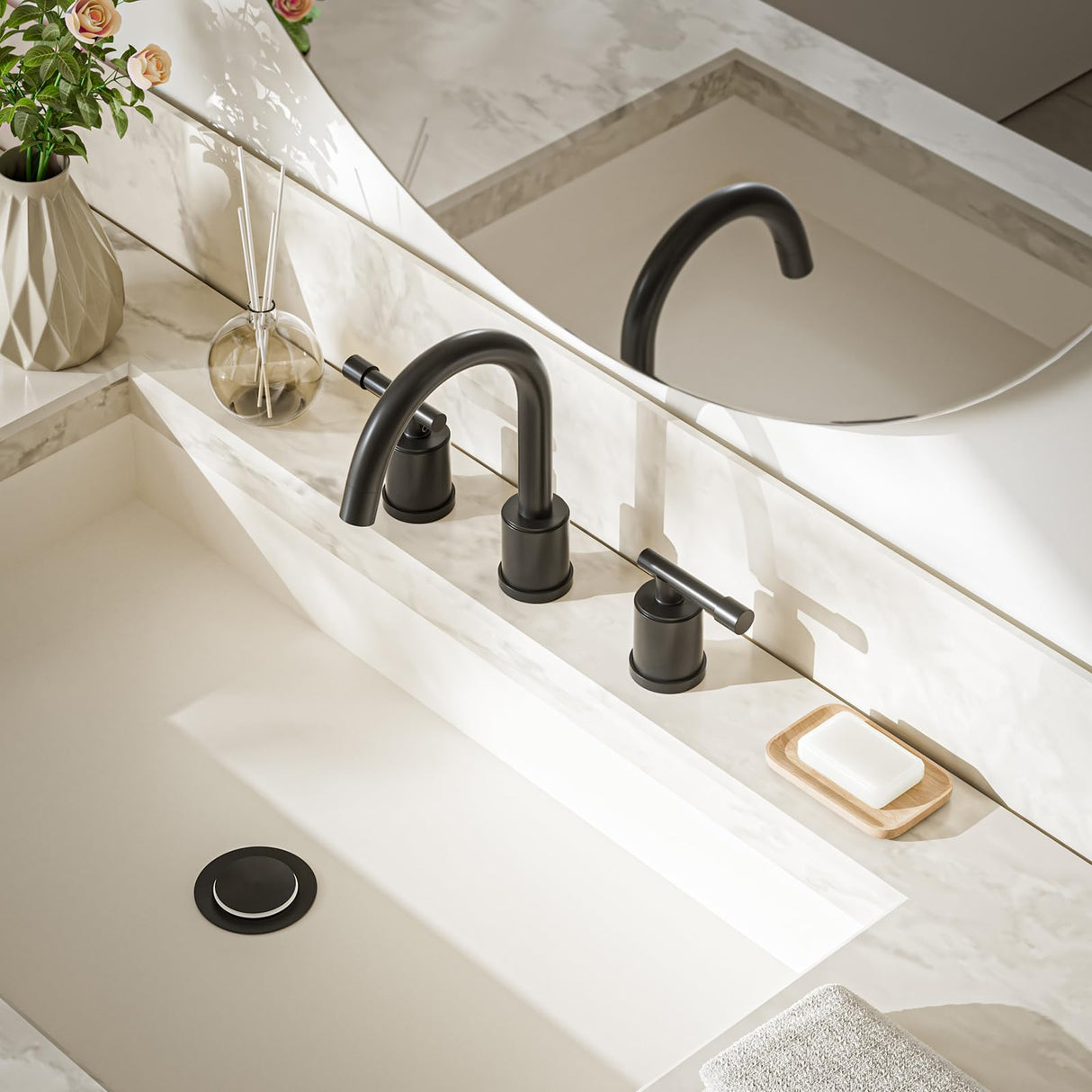 8-Inch Three-Hole Bathroom Faucet with Pull-Down Sprayer, Widespread Design, Metal Pop-Up Drain, Water Supply Lines, and Two Handles