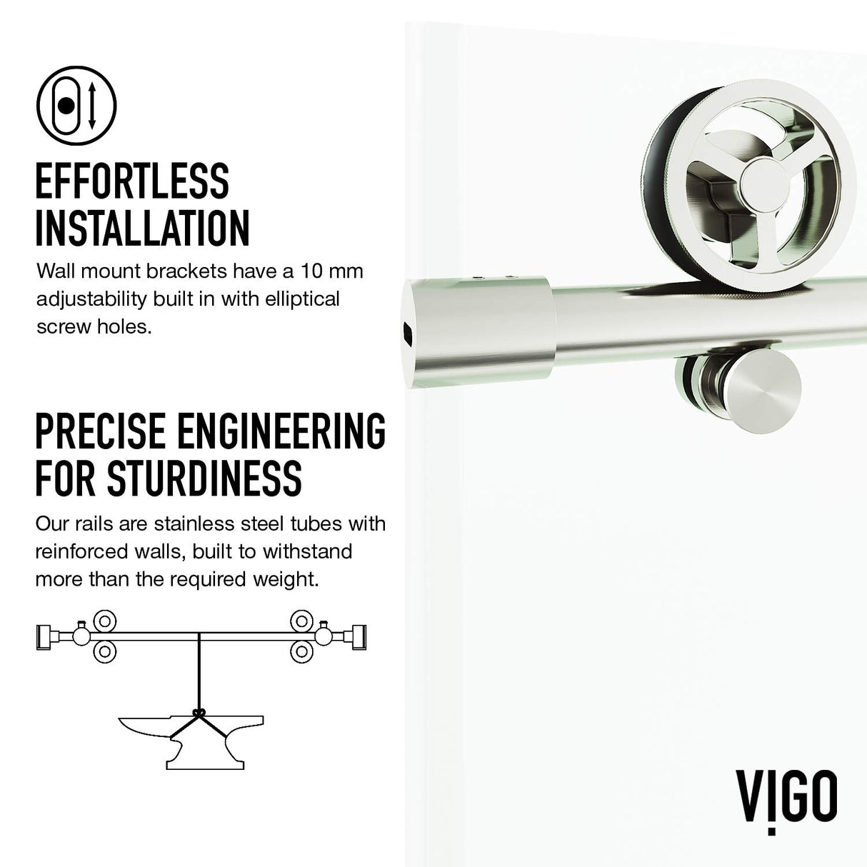 VIGO Adjustable 48-52" W x 76" H Elan Cass Aerodynamic Frameless Sliding Shower Door with Clear Tempered Glass, Reversible Door Handle and Stainless Steel Hardware in Stainless Steel-VG6044STCL5276