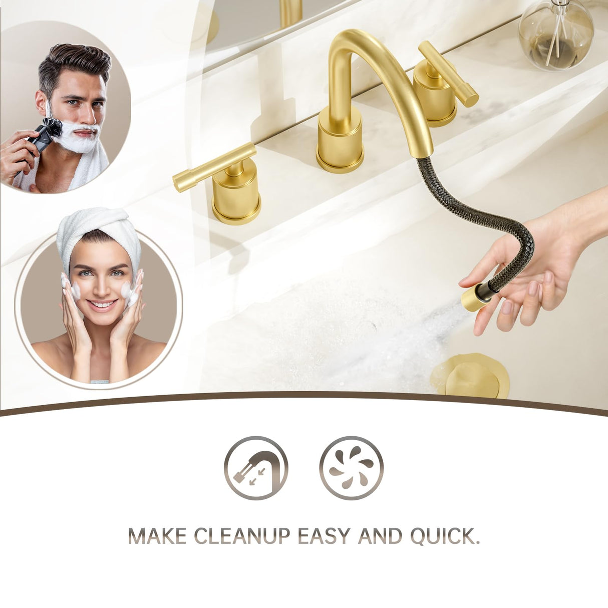 8-Inch Three-Hole Bathroom Faucet with Pull-Down Sprayer, Widespread Design, Metal Pop-Up Drain, Water Supply Lines, and Two Handles