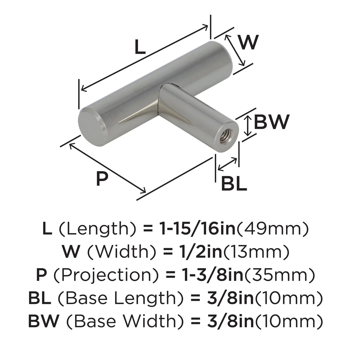 Amerock Cabinet Knob Polished Nickel 1-15/16 inch (49 mm) Length Bar Pulls 1 Pack Drawer Knob Cabinet Hardware