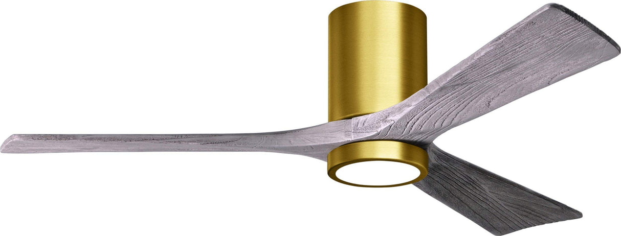 Matthews Fan IR3HLK-BRBR-BW-52 Irene-3HLK three-blade flush mount paddle fan in Brushed Brass finish with 52” solid barn wood tone blades and integrated LED light kit.