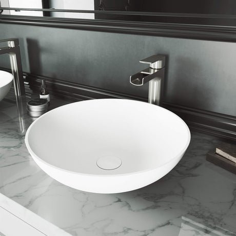 VIGO VGT1408 16.0" L -16.0" W -10.38" H Matte Stone Lotus Composite Round Vessel Bathroom Sink in White with Amada Faucet in Brushed Nickel and Pop-Up Drain