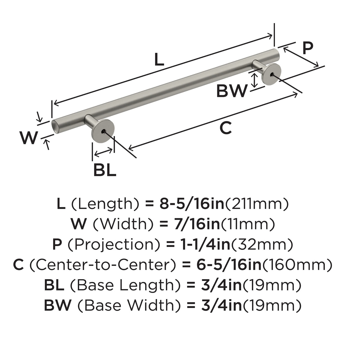 Amerock Cabinet Pull Satin Nickel 6-5/16 inch (160 mm) Center-to-Center Radius 1 Pack Drawer Pull Cabinet Handle Cabinet Hardware