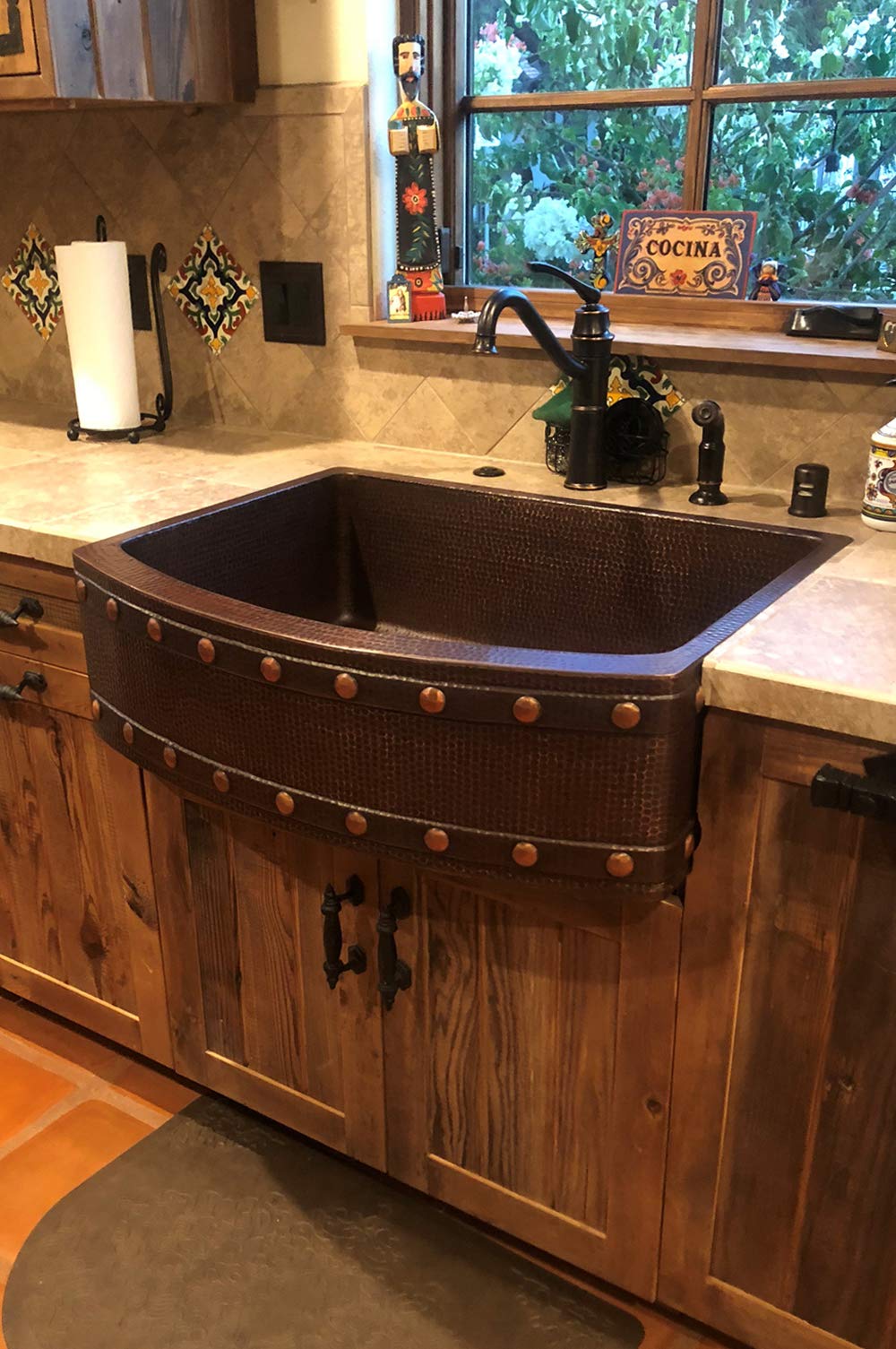 Premier Copper Products KASRDB30249BS 30-Inch Hammered Copper Kitchen Rounded Apron Single Basin Sink with Barrel Strap Design