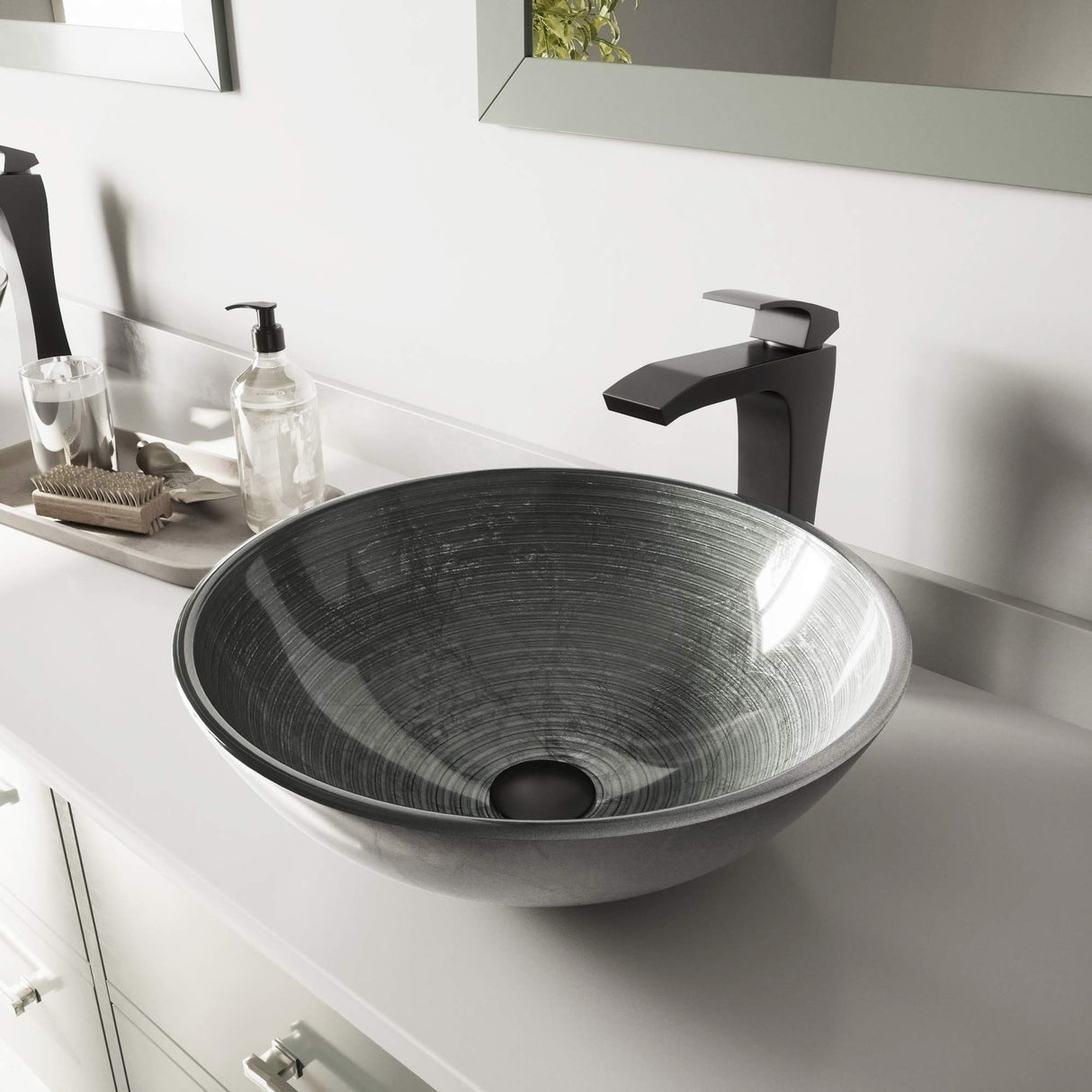 VIGO VGT609 16.5" L -16.5" W -11.63" H Handmade Glass Round Vessel Bathroom Sink Set in Simply Silver Finish with Matte Black Single-Handle Waterfall Single Hole Faucet and Pop Up Drain