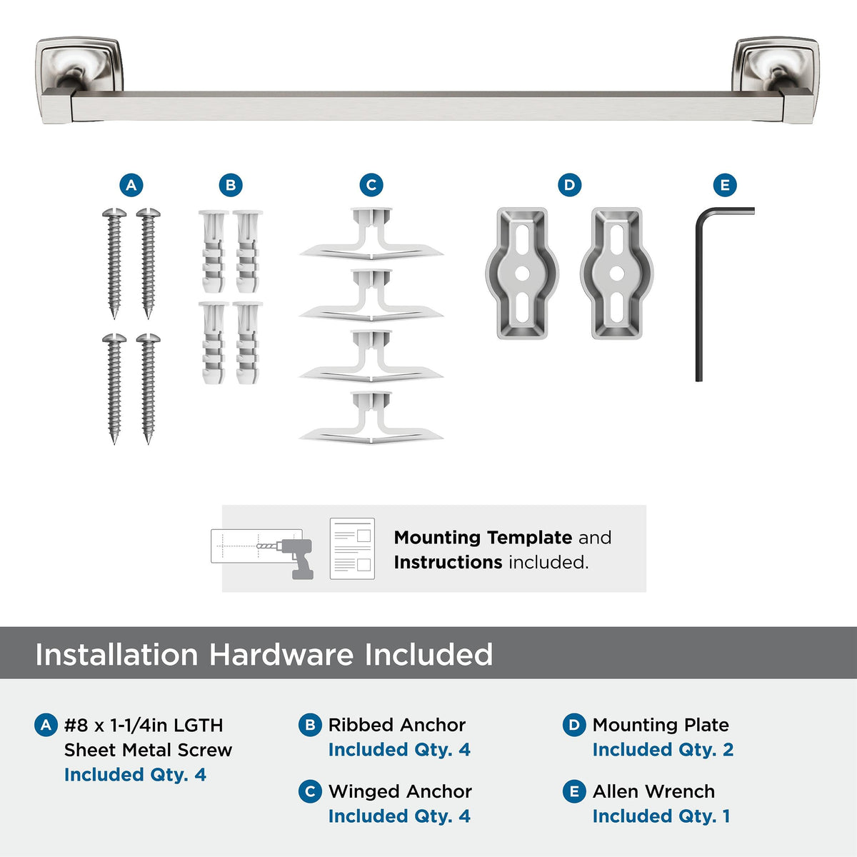 Amerock BH36093G10 Brushed Nickel Towel Bar 18 in (457 mm) Towel Rack Stature Bathroom Towel Holder Bathroom Hardware Bath Accessories