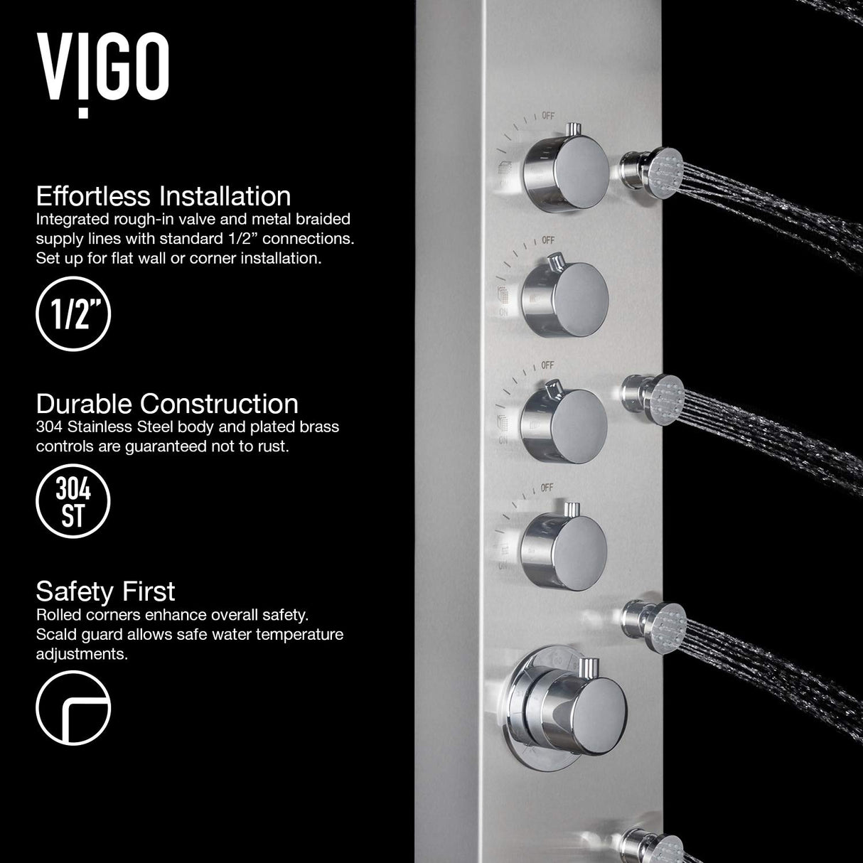 VIGO VG08005 Brielle 2.75" -6.38" W -70.5" H Shower Massage Panel 6 -Jet High Pressure Shower System with Thermostatic, Volume, Dual Function Control Type, Brass Hardware in Stainless Steel Finish