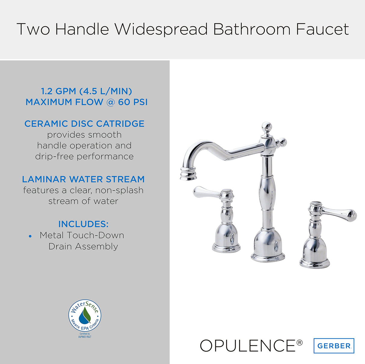 Gerber D303257 Chrome Opulence Two Handle Widespread Lavatory Faucet
