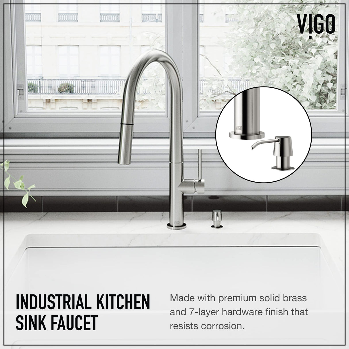 VIGO Greenwich Stainless Steel Kitchen Faucet with Pull-Down Sprayer | Solid Brass Faucet for Kitchen Sink with Soap Dispenser | Single-Handle Kitchen Sink Faucet with Dual Functioning Sink Sprayer