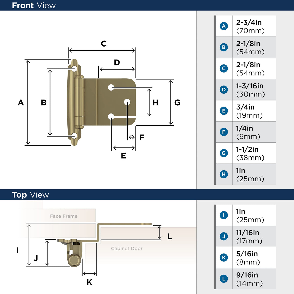 Amerock BPR3428BBZ Cabinet Hinge 3/8 in (10 mm) Inset Self Closing Face Mount Golden Champagne Kitchen Cabinet Door Hinge 1 Pair/2 Pack Functional Hardware