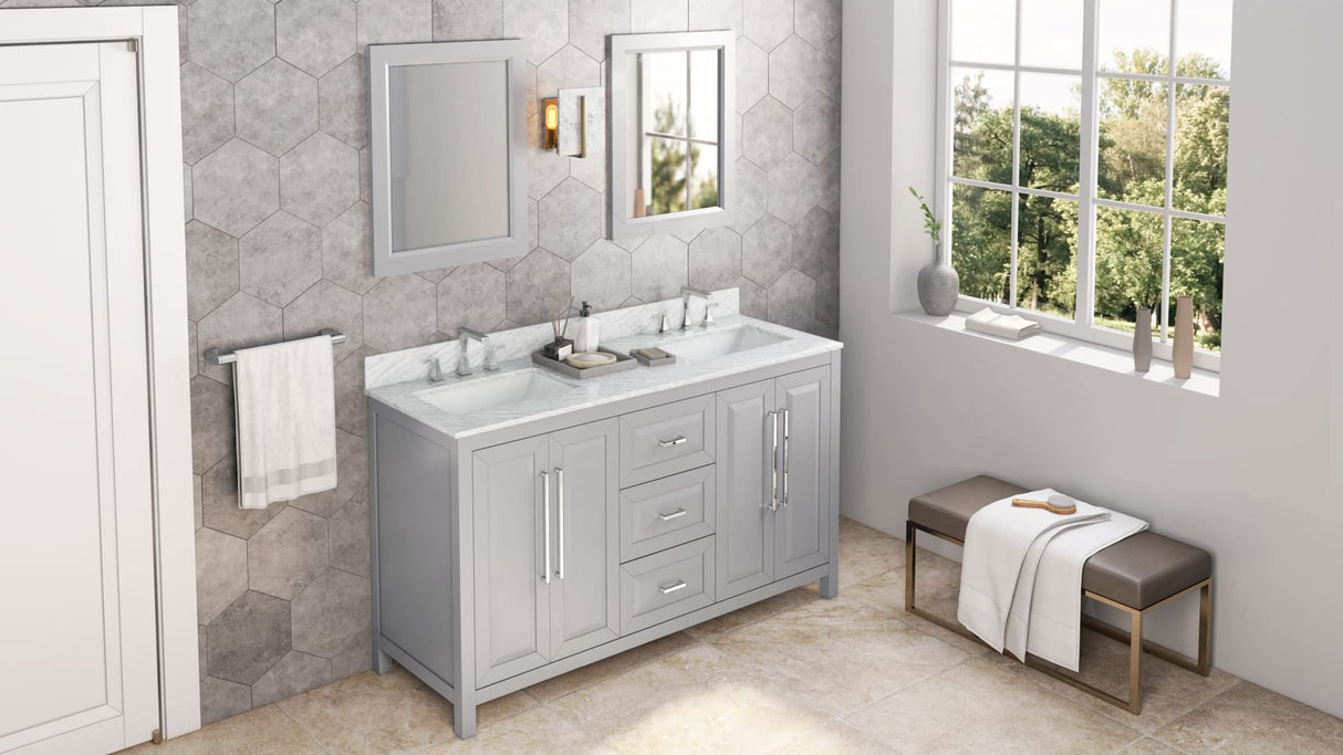 Jeffrey Alexander VKITCAD60WHSGR 60" White Cade Vanity, double bowl, Steel Grey Cultured Marble Vanity Top, undermount rectangle bowl