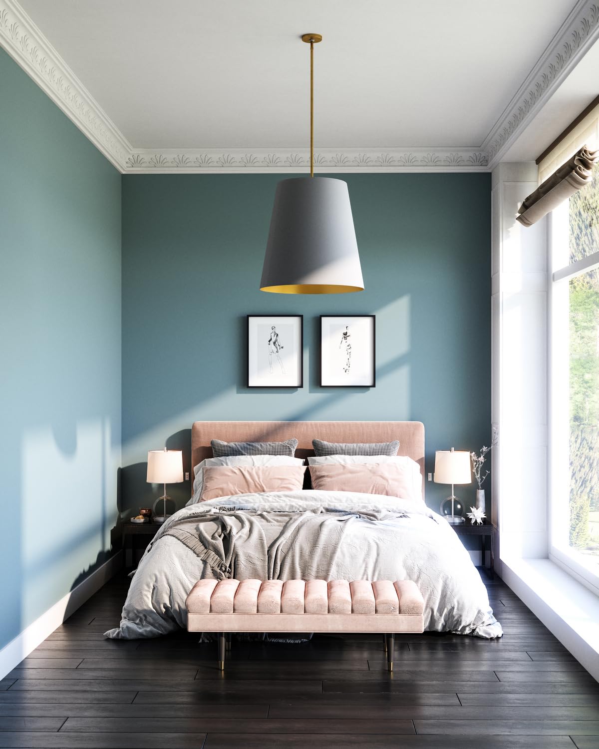 Alora PD311025VBGG CALOR PENDANT 3 LIGHT VINTAGE BRASS GRAY LINEN WITH GOLD PARCHMENT