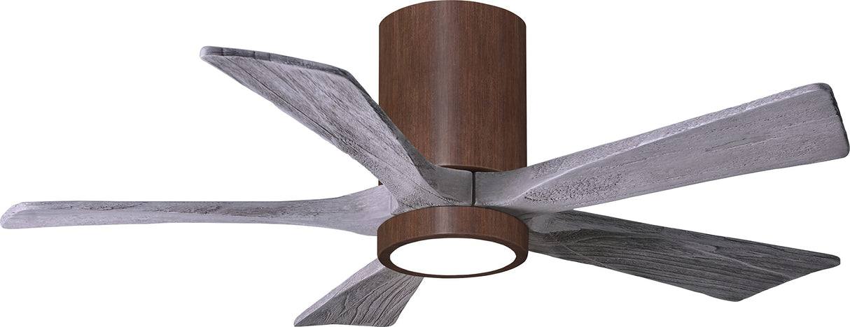 Matthews Fan IR5HLK-WN-BW-42 IR5HLK five-blade flush mount paddle fan in Walnut finish with 42” solid barn wood tone blades and integrated LED light kit.