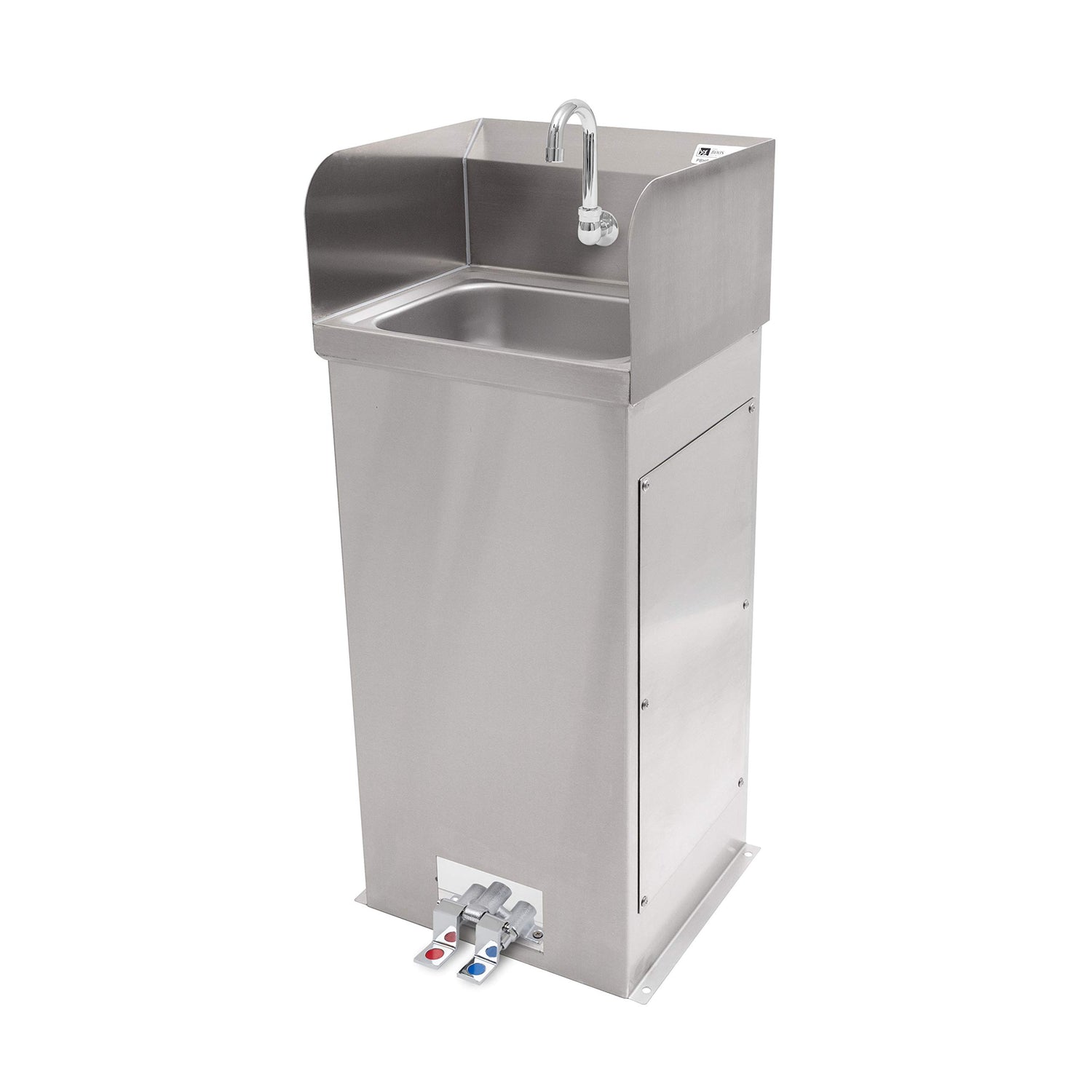 John Boos PBHS-F-1410-SSLR Hands-Free Pedestal Hand Washing Sink 14" W x 10" Front to Back 5" Deep Bowl, with Side Splashes, 1 Centered Splash Mount Faucet Hole, Goose Neck Spout and Foot Valves