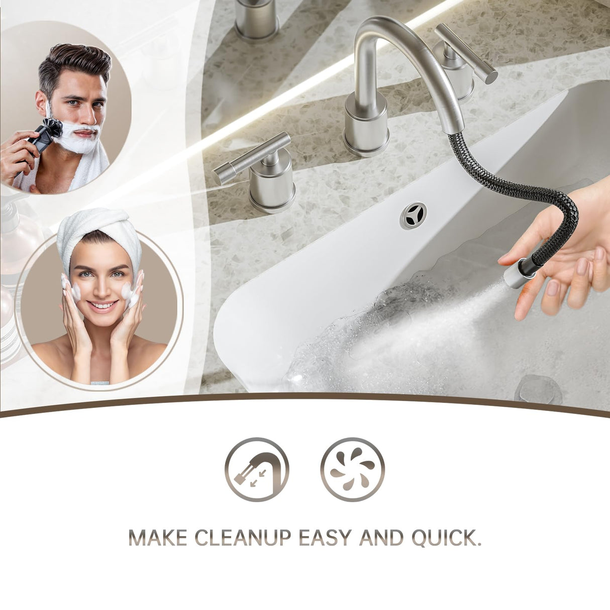 8-Inch Three-Hole Bathroom Faucet with Pull-Down Sprayer, Widespread Design, Metal Pop-Up Drain, Water Supply Lines, and Two Handles