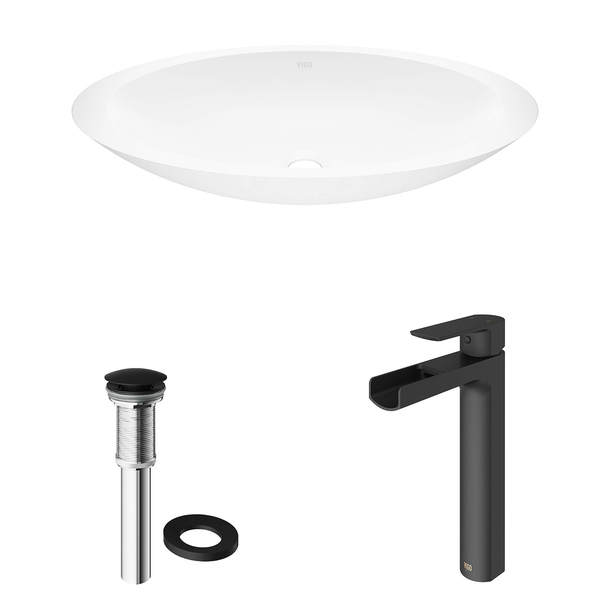 VIGO VGT945 13.5" L -23.13" W -10.38" H Handmade Countertop Matte Stone Oval Vessel Bathroom Sink Set in Matte White Finish with Matte Black Single-Handle Waterfall Faucet and Pop Up Drain