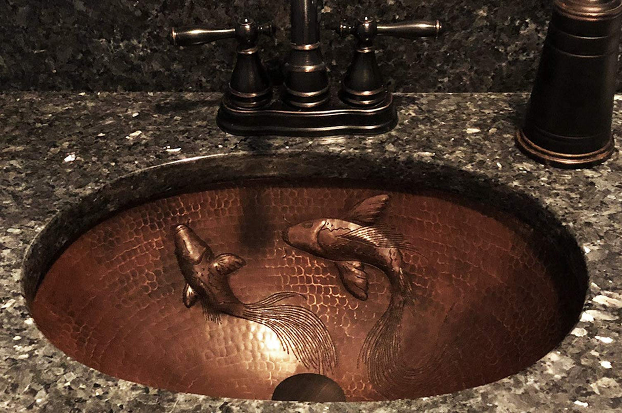 Premier Copper Products LO19FKOIDB 19-Inch Oval Under Counter Hammered Copper Bathroom Sink with Koi Fish Design