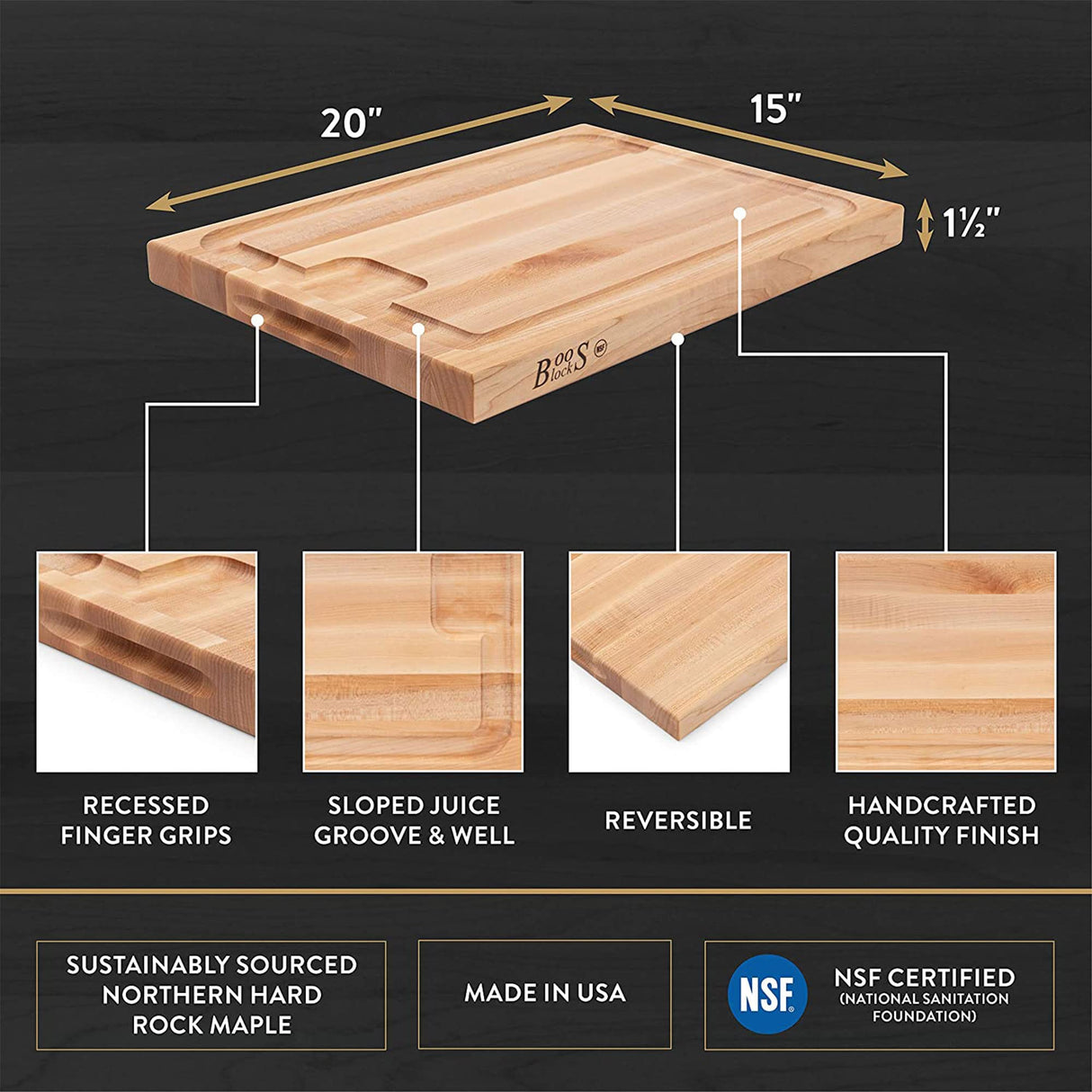John Boos AUJUS2015 Au Jus Maple Wood Cutting Board for Kitchen Prep, 20 x 15 Inches, 1.5 Inches Thick Edge Grain Charcuterie Block with Juice Grooves 20X15X1.5 MPL-EDGE GR-AU JUS BRD-