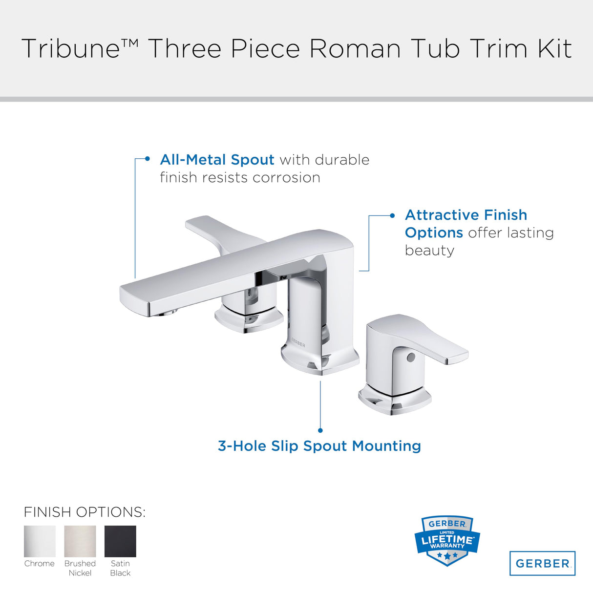 Gerber D300970T Tribune Three Piece Roman Tub Trim Kit - Chrome