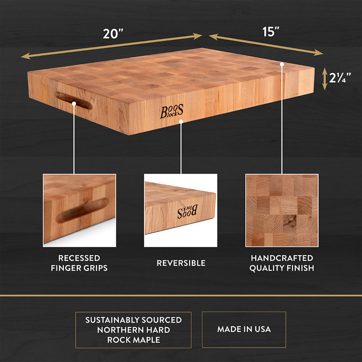 John Boos CCB2015-225 Large Maple Wood Cutting Board for Kitchen 20 x 15 Inches, 2.25 Inches Thick Reversible End Grain Charcuterie Block with Finger Grips 20X15X2.25 MPL-END GR-REV-GRIPS