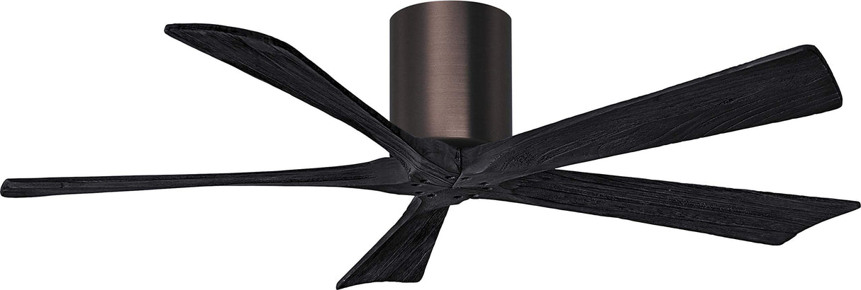 Matthews Fan IR5H-BB-BK-52 Irene-5H five-blade flush mount paddle fan in Brushed Bronze finish with 52” solid matte black wood blades. 