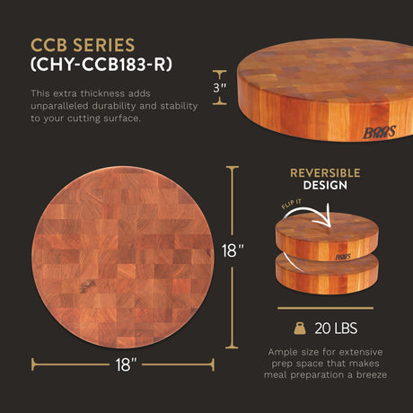 John Boos CHY-CCB183-R Large Cherry Wood Cutting Board for Kitchen Prep 18 Inches, 3 Inches Thick Reversible End Grain Round Charcuterie Block 18DIAX3 CHY-END GR-NON REV-CHOP BL