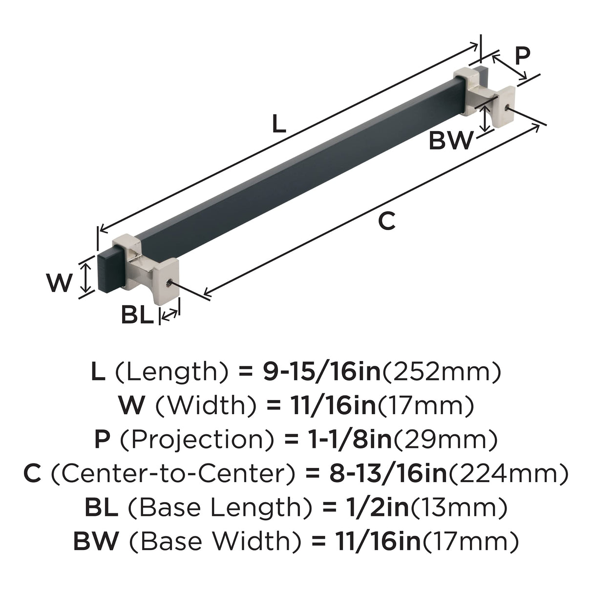 Amerock Cabinet Pull Brushed Matte Black/Satin Nickel 8-13/16 inch (224 mm) Center to Center Overton 1 Pack Drawer Pull Drawer Handle Cabinet Hardware