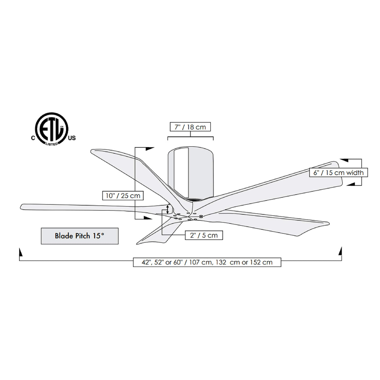 Matthews Fan IR5H-BK-BW-42 Irene-5H five-blade flush mount paddle fan in Matte Black finish with 42” solid barn wood tone blades. 