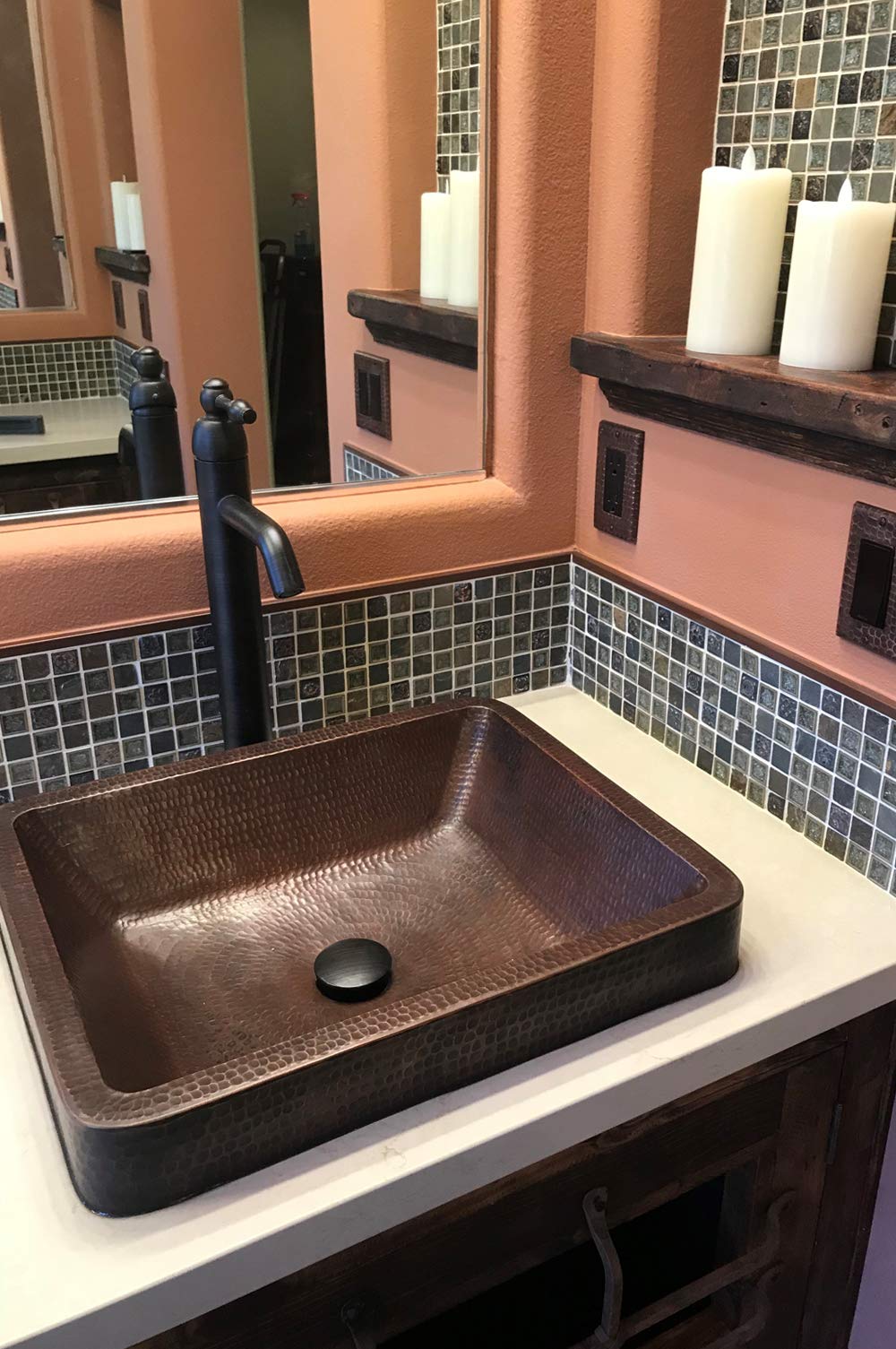 Premier Copper Products VREC19SKDB Rectangle Skirted Vessel Hammered Copper Sink, Oil Rubbed Bronze