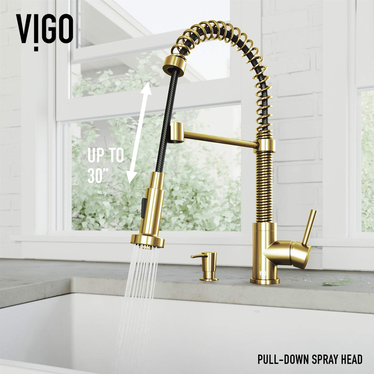 VIGO VG02001MGK2 19" H Edison Single-Handle with Pull-Down Sprayer Kitchen Faucet with Soap Dispenser in Matte Gold