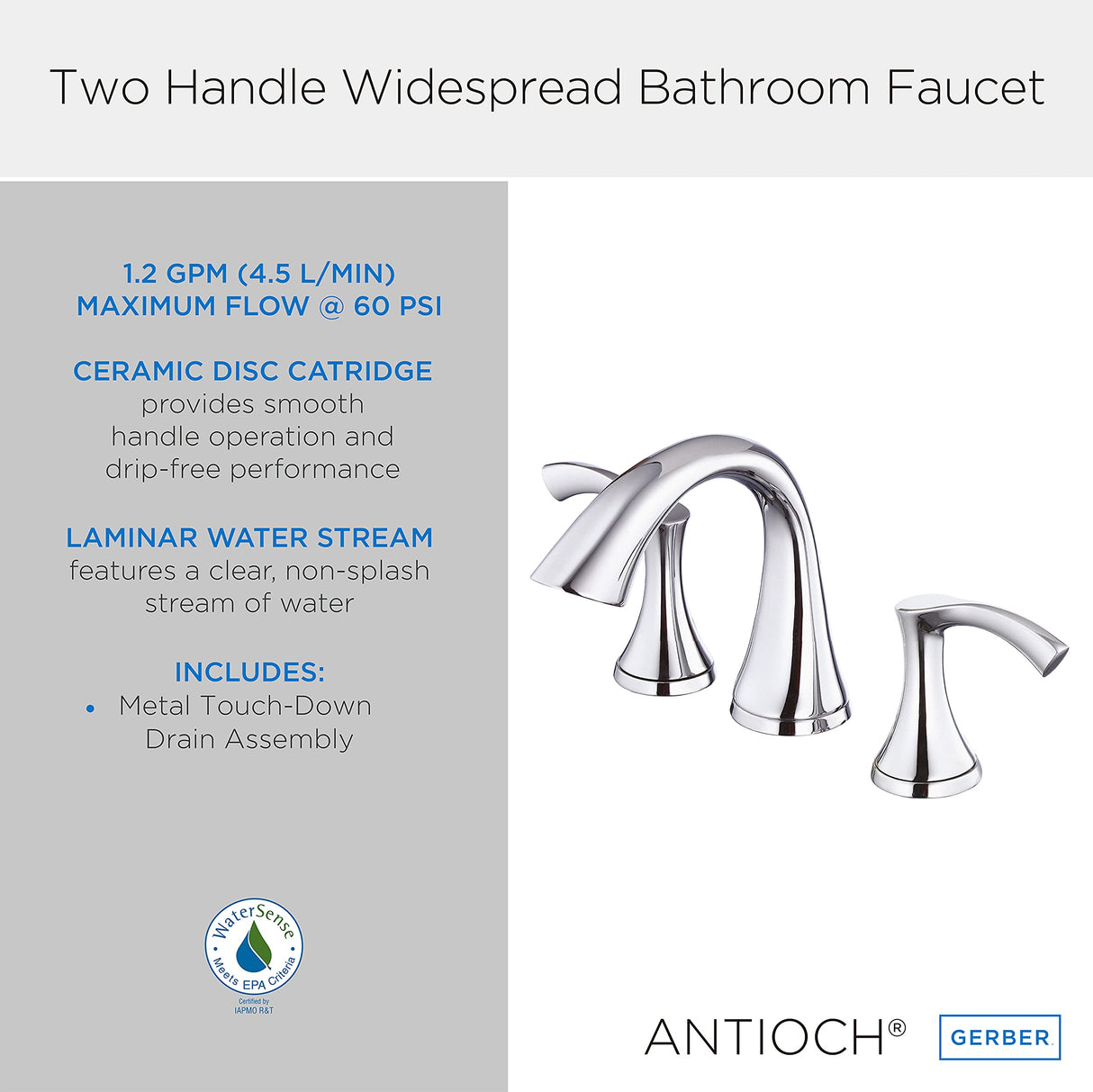 Gerber D304222 Chrome Antioch Two Handle Widespread Lavatory Faucet