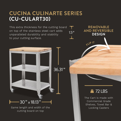 John Boos CU-CULART30 Cucina Culinarte Cart Maple Wood Cutting Board for Kitchen 30 x 18.13", 1.5" Thick Removable/Reversible Chopping Edge Grain Block CULINARTE' CART 30X20 REMOV MPL TOP