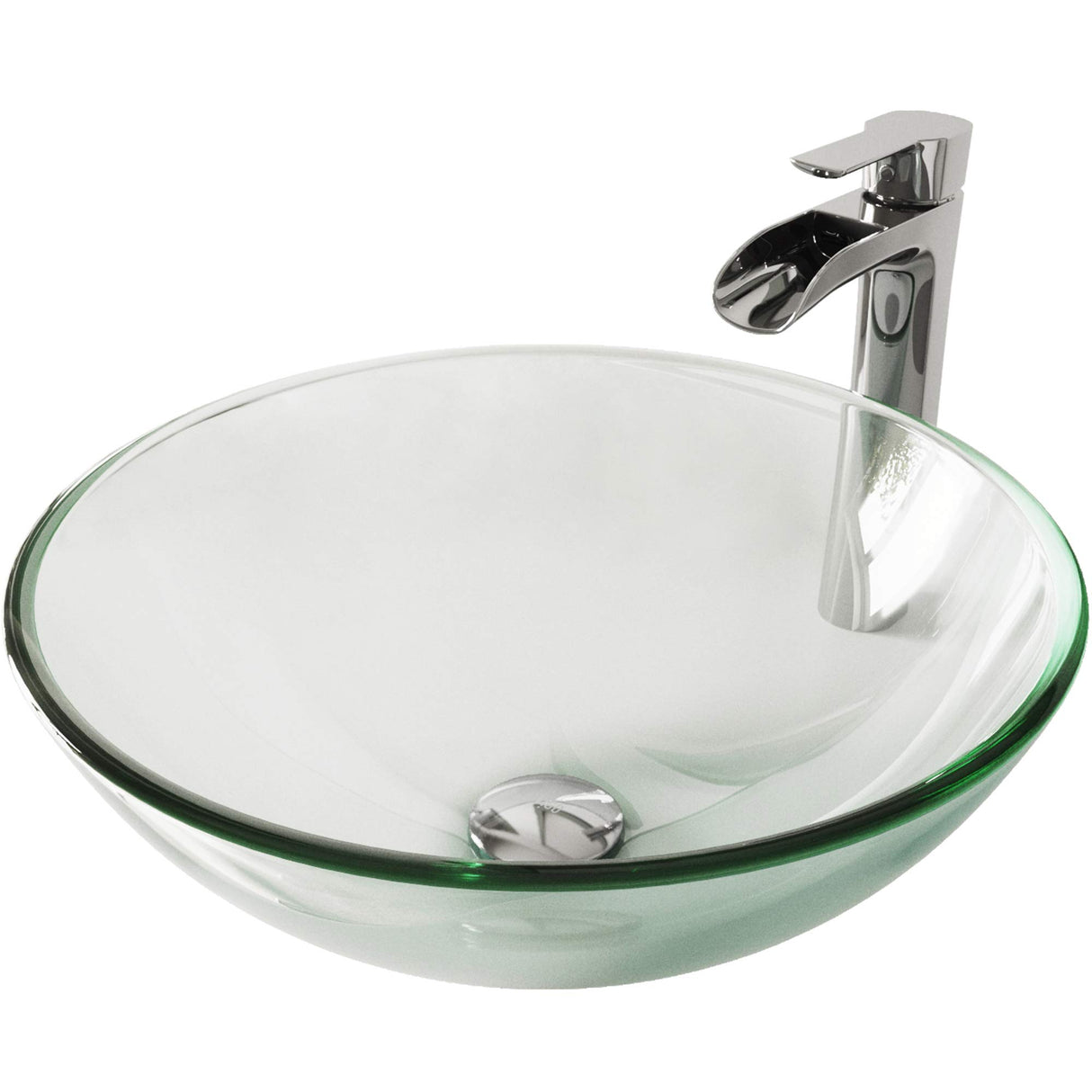 VIGO VGT1075 16.5" L -16.5" W -10.5" H Handmade Countertop Glass Round Vessel Bathroom Sink Set in Iridescent Finish with Chrome Single-Handle Single Hole Waterfall Faucet and Pop Up Drain