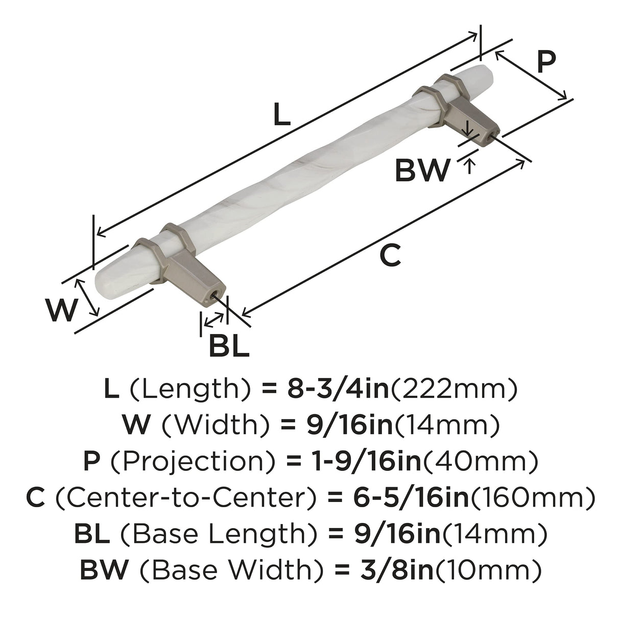 Amerock Cabinet Pull Marble White/Satin Nickel 6-5/16 inch (160 mm) Center to Center Carrione 1 Pack Drawer Pull Drawer Handle Cabinet Hardware